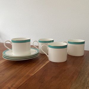 Crate & Barrel tea cup saucer set white teal gold fine bone China coffee